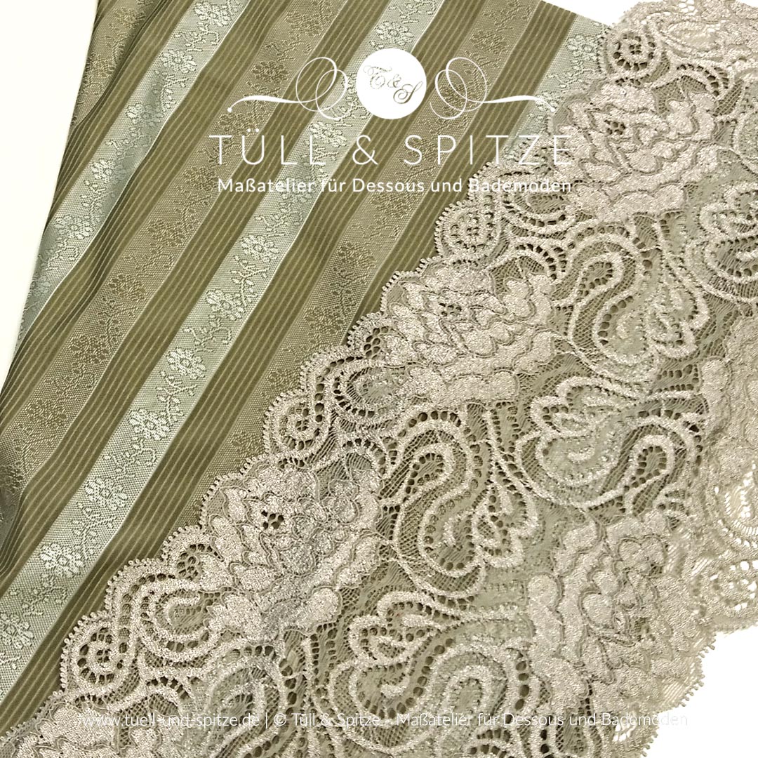 Dessousstoffe und Spitzen | Dessousstoff moosgrün mit Spitze silbrig-grün
