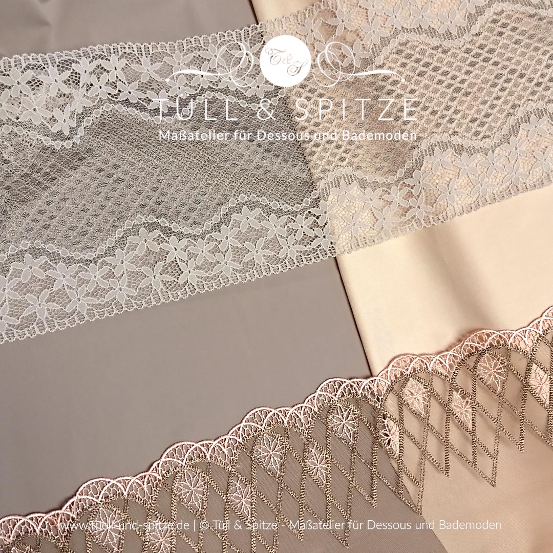 Dessousstoffe und Spitzen | Dessousstoff taupe-lachs, Spitze taupe und Spitze taupe mit Bogenkante