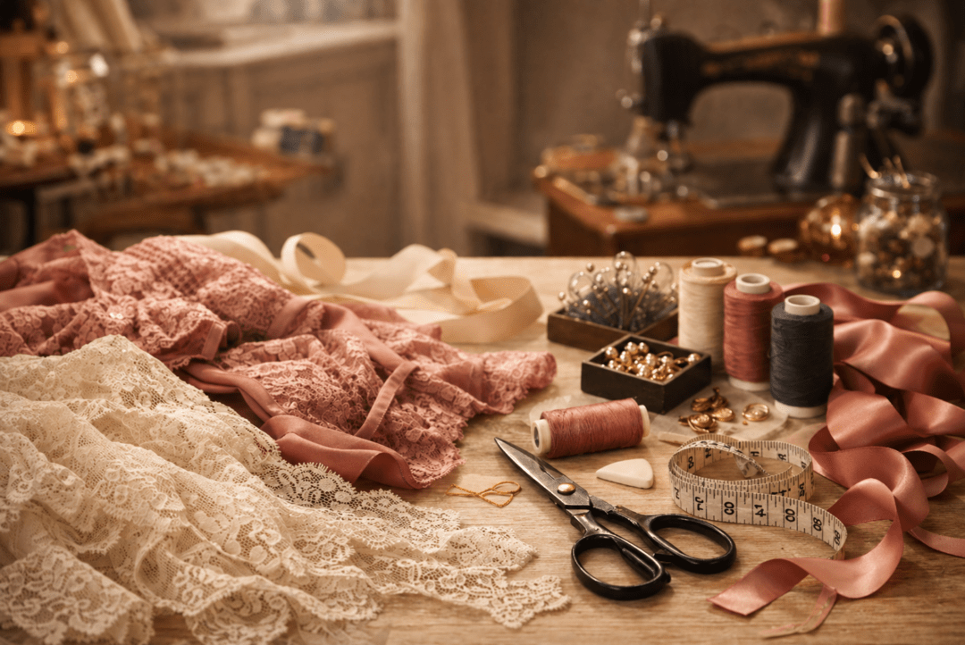 Dessous nähen lernen - Arbeitstisch mit Spitze und Garnen