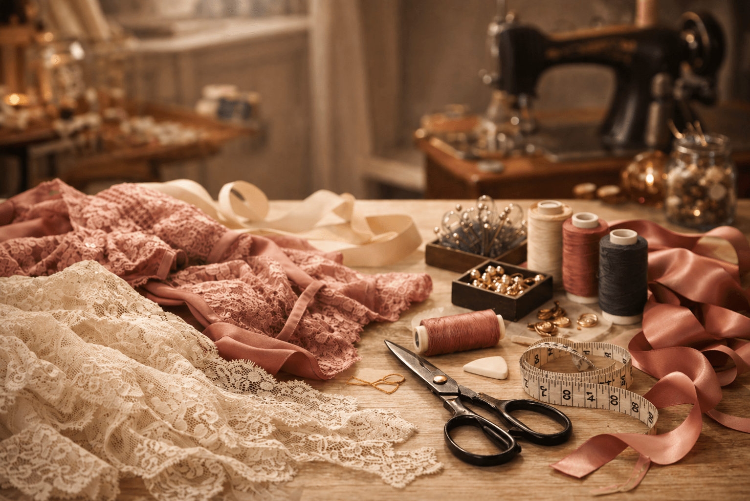 Dessous nähen lernen - Arbeitstisch mit Spitze und Garnen