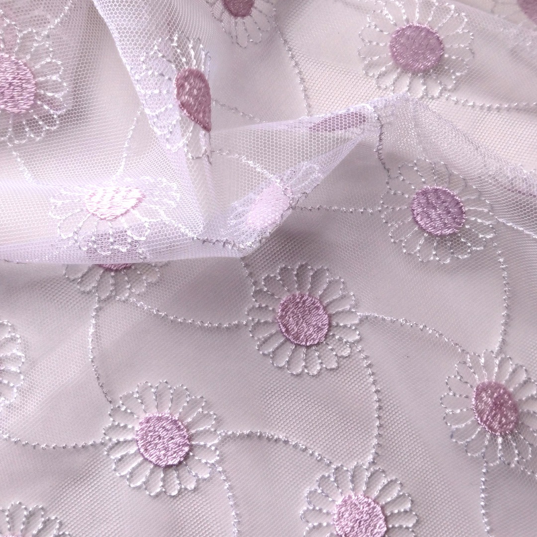 Wäschetüll Weiss rosa Blüten