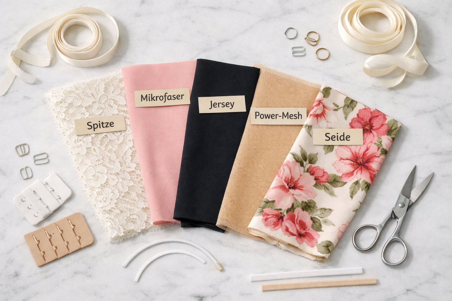 () flat-lay overhead photograph of five different dessous fabric swatches arranged in a fan pattern – including ivory lace,